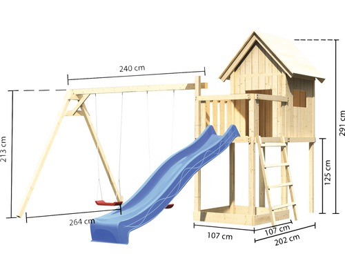 AKUBI Frieda houten speelhuis op palen met zandbak, dubbele schommel, glijbaan, blauw