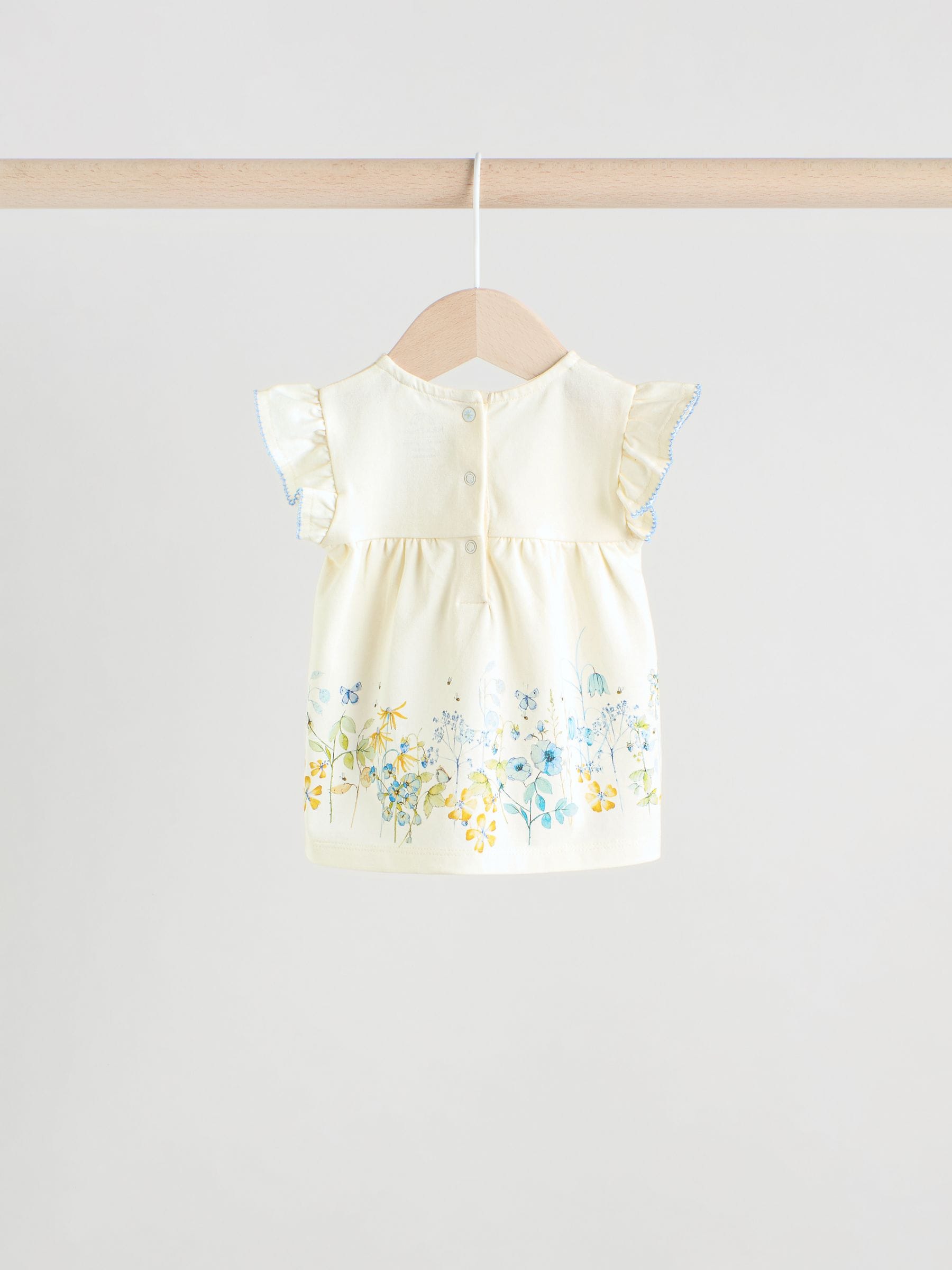 Blauw/wit met bloemenprint - 6 -delig Baby Set van T-shirt met ruches en short (0mnd-2jr)