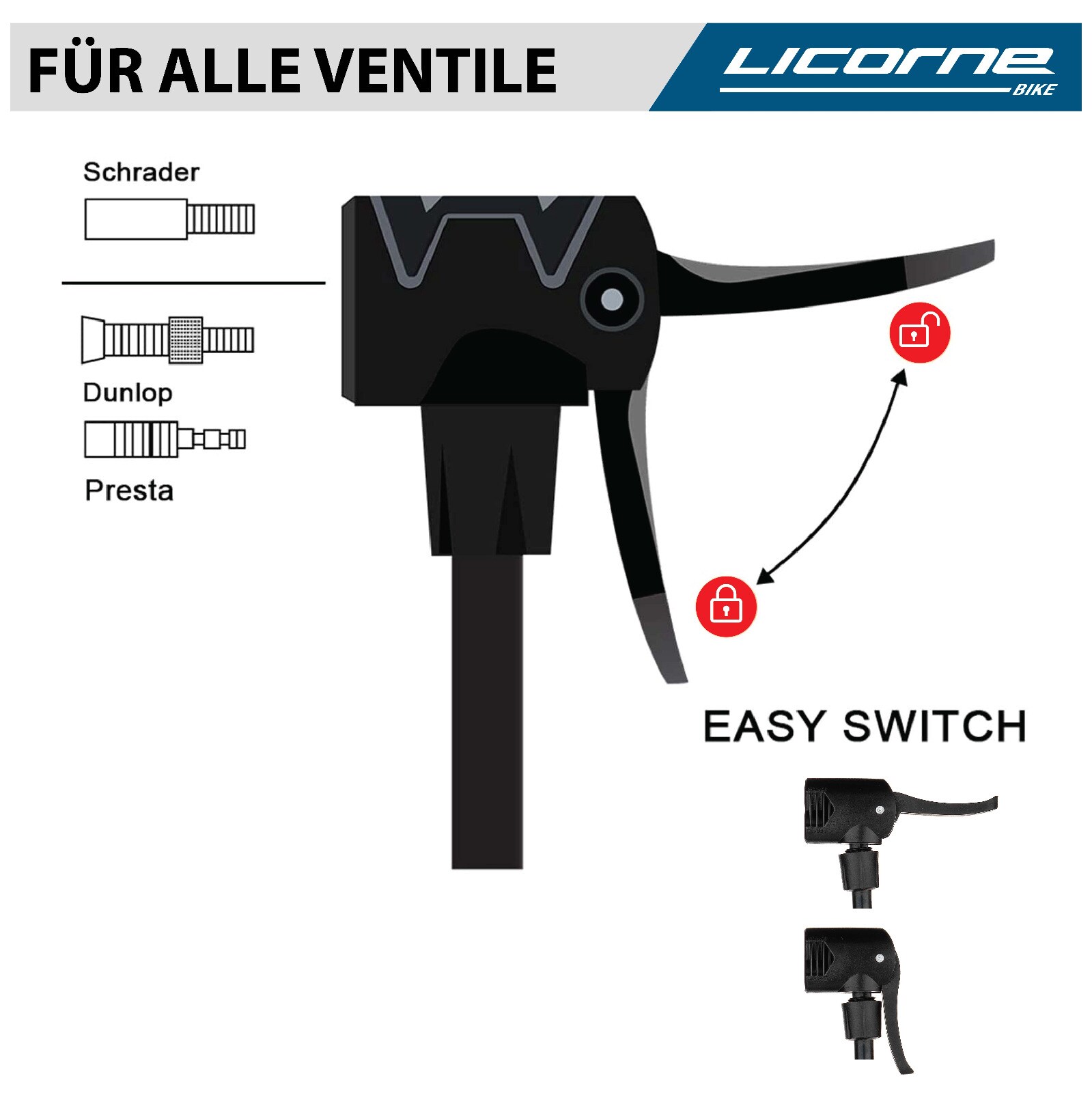 Licorne Bike Standpumpe, Klappbare Standfüße, Fahrradpumpe mit großem Manometer zur Druckanzeige, Dualkopf passend für alle Ventile (Dunlop Ventil, Französisches Ventil, Auto Ventil) (Orange)