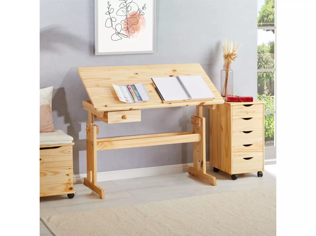Bureau enfant écolier junior FLEXI table à dessin réglable en hauteur et pupitre inclinable avec 1tiroir en pin massif vernis nature