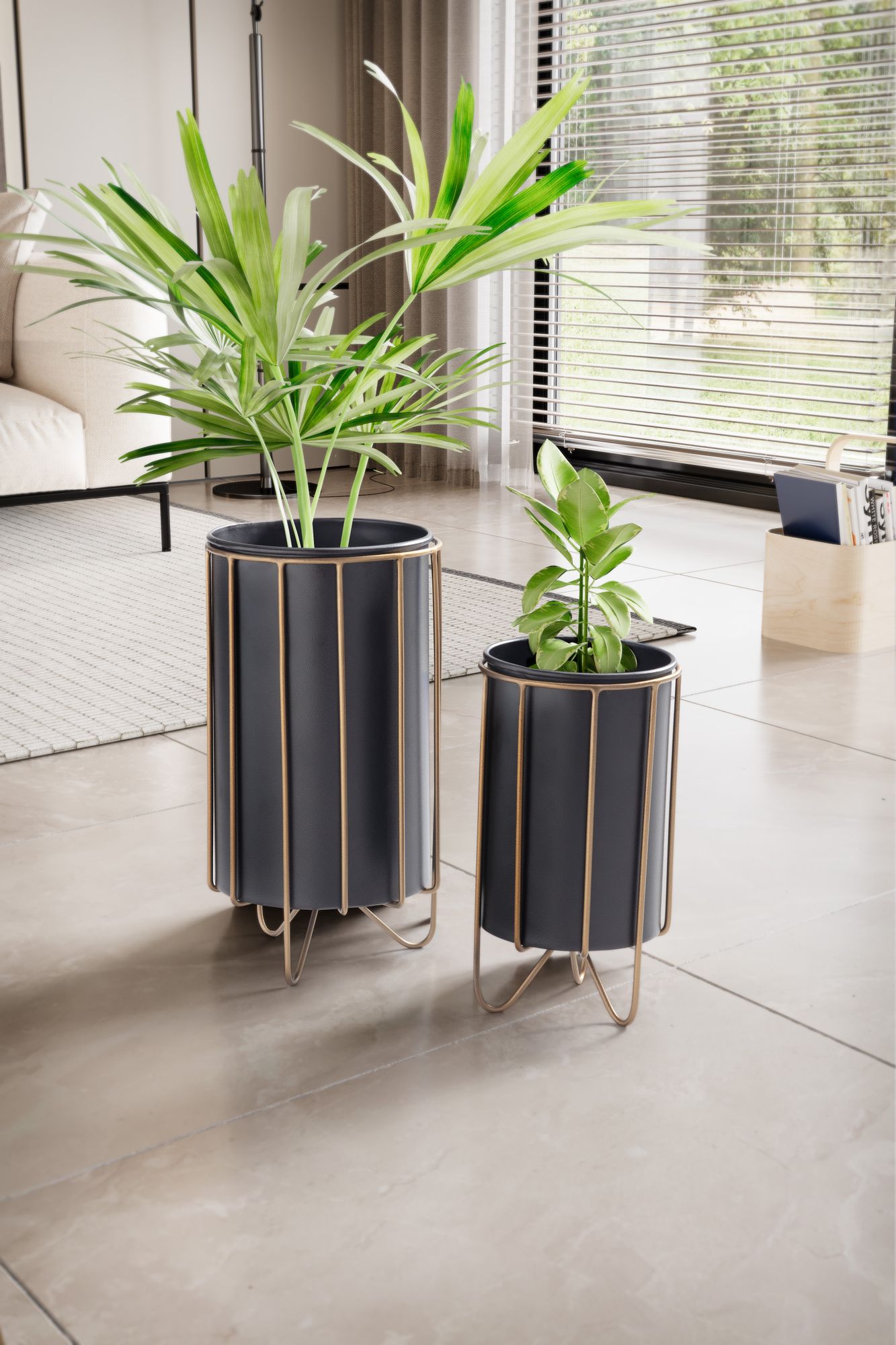 KADIMA DESIGN Moderne Metall Pflanzenkübel - 2-teiliges Set in Schwarz/Gold, Runde Töpfe