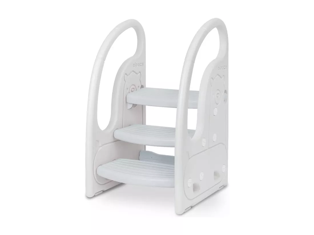 Marchepied Enfant 3 Marches Antidérapant pour Apprentissage de la propreté, Tabouret Bébé Gris et Beige, Structure Triangulaire, Rehausseur Stable