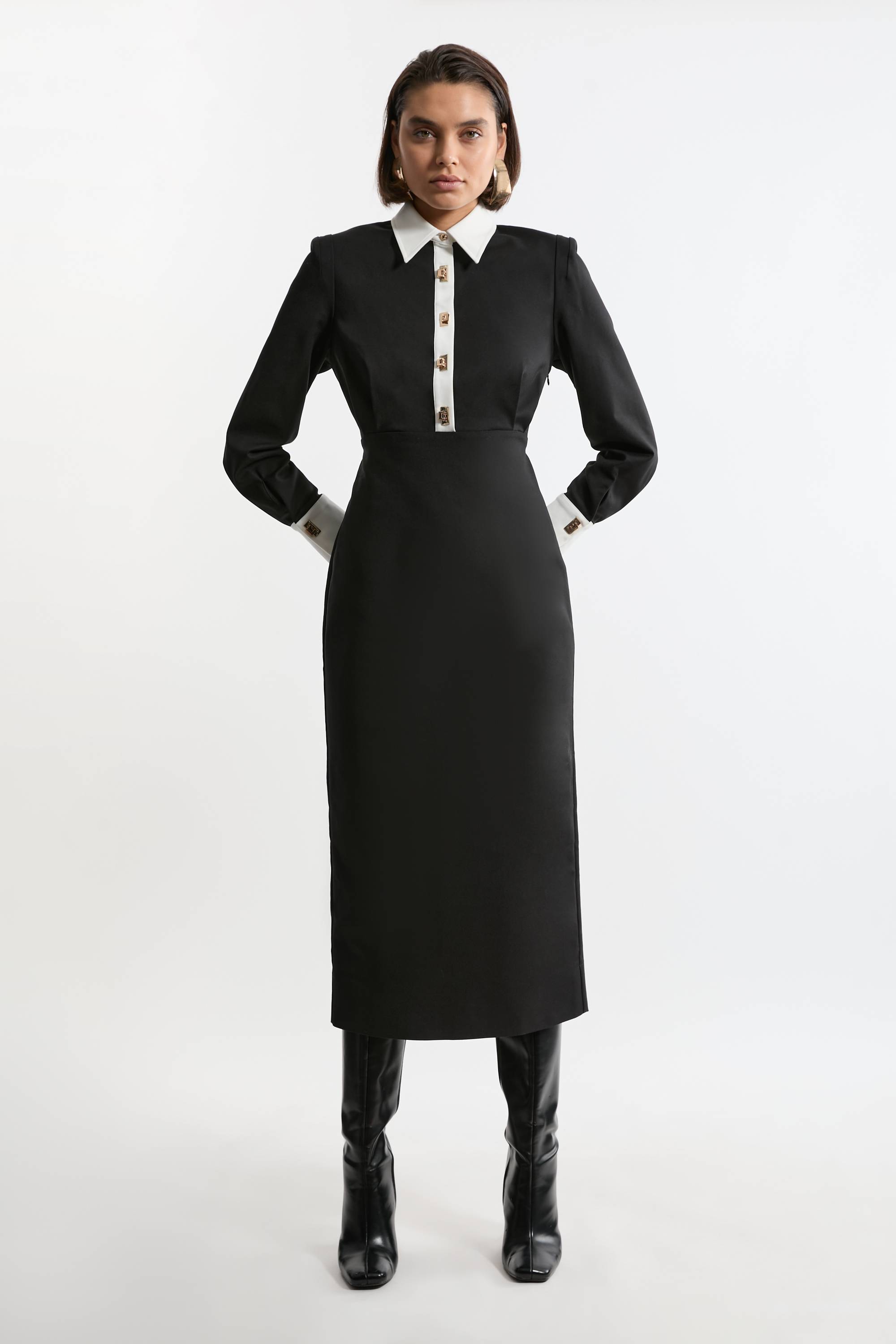 KarenMillen Robe chemise maxi en coton tissé Techno avec attaches dorées