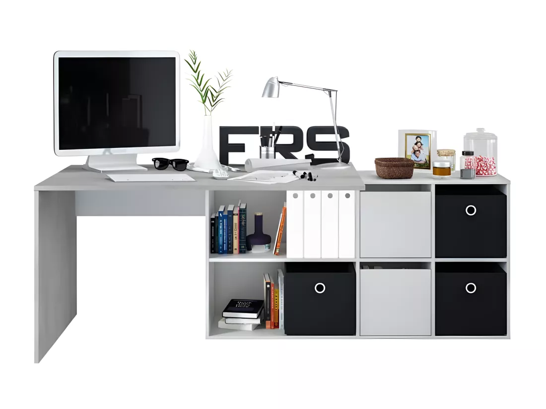 Bureau d'angles 2 portes + 4 niches Blanc/Béton - DAPATA PLUS - L 203 x l 66 x H 74 cm