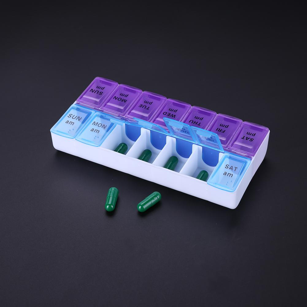 (170x90mm) Medikamenten Dosierer 7 Tage Dosett Tablettenbox Supplements Pillendose -  Lila / Blau