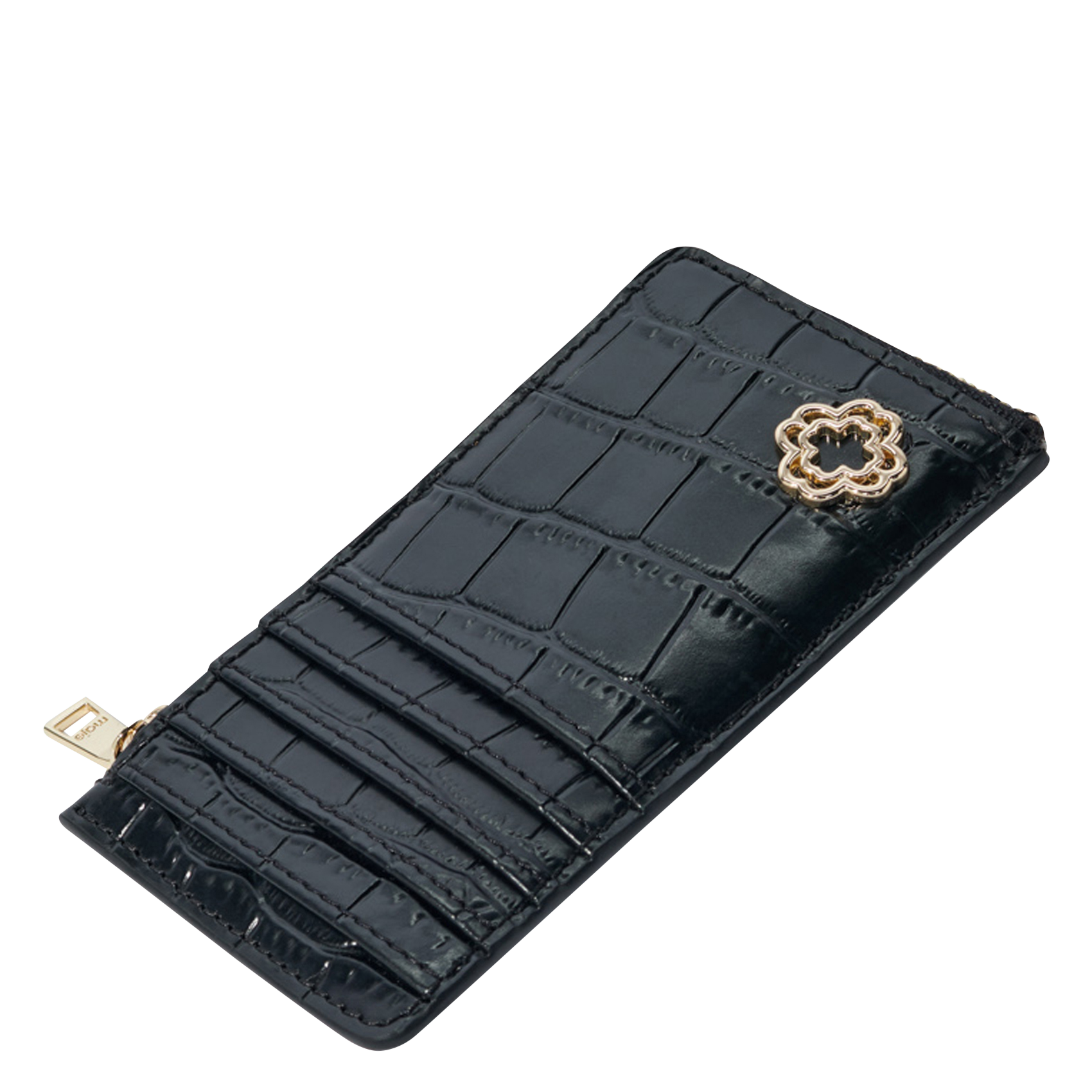 CLOVER - Porte-carte en cuir embossé croco | Noir