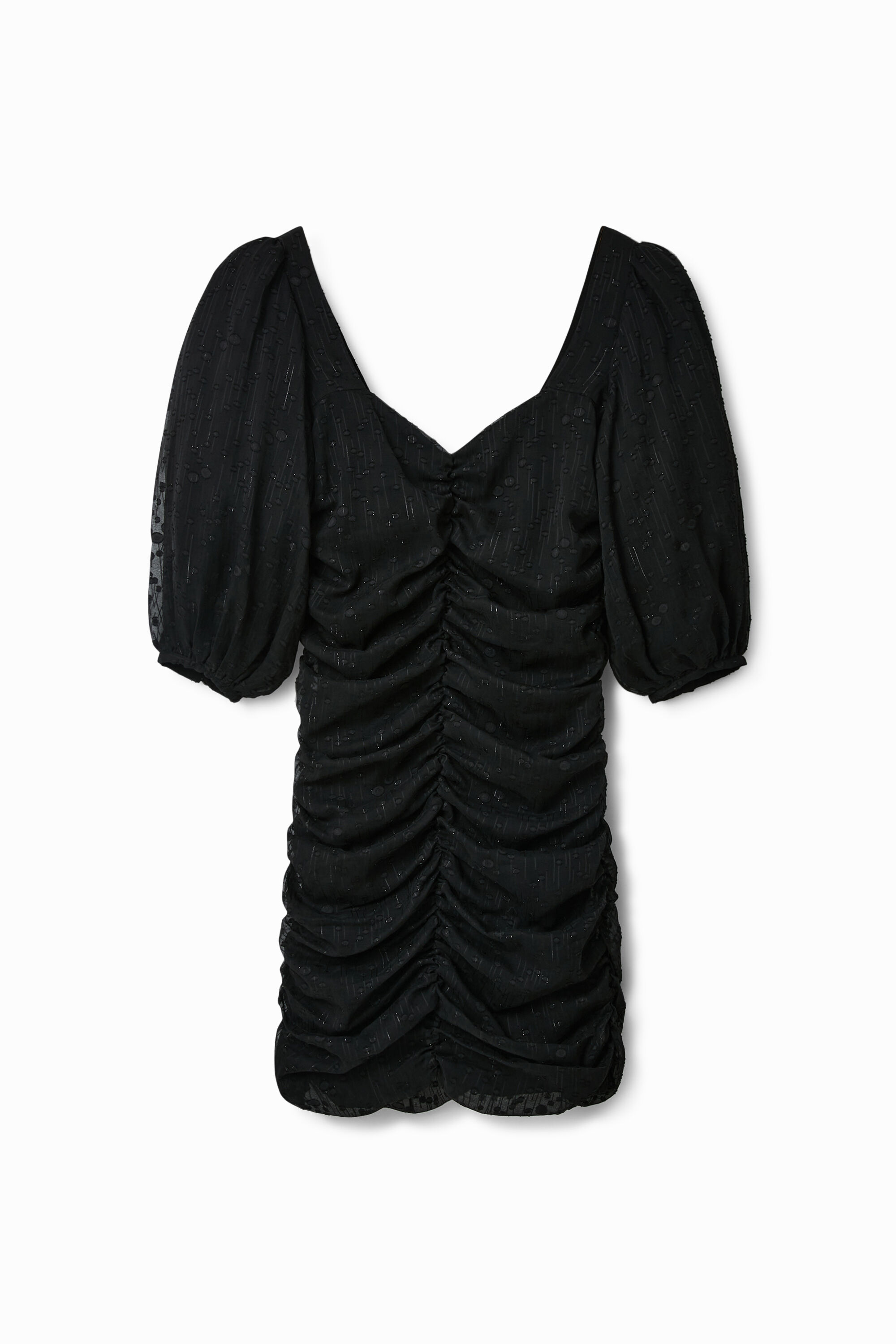 Vestido curto de bolinhas com franzido