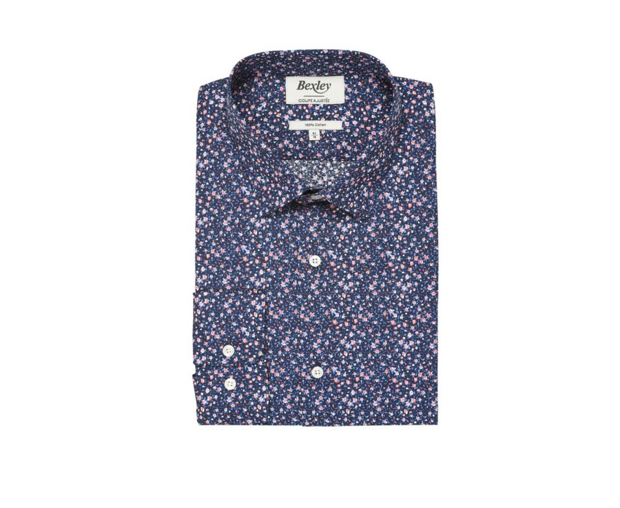 Chemise coton bleue imprimée fleurs corail - WILROSE