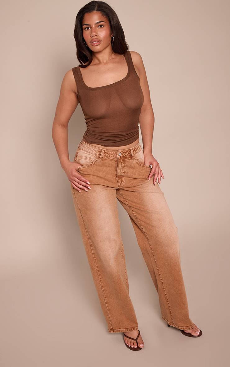 Washed Brown Jean Droit Taille Haute Stretch Coupe Sablier
