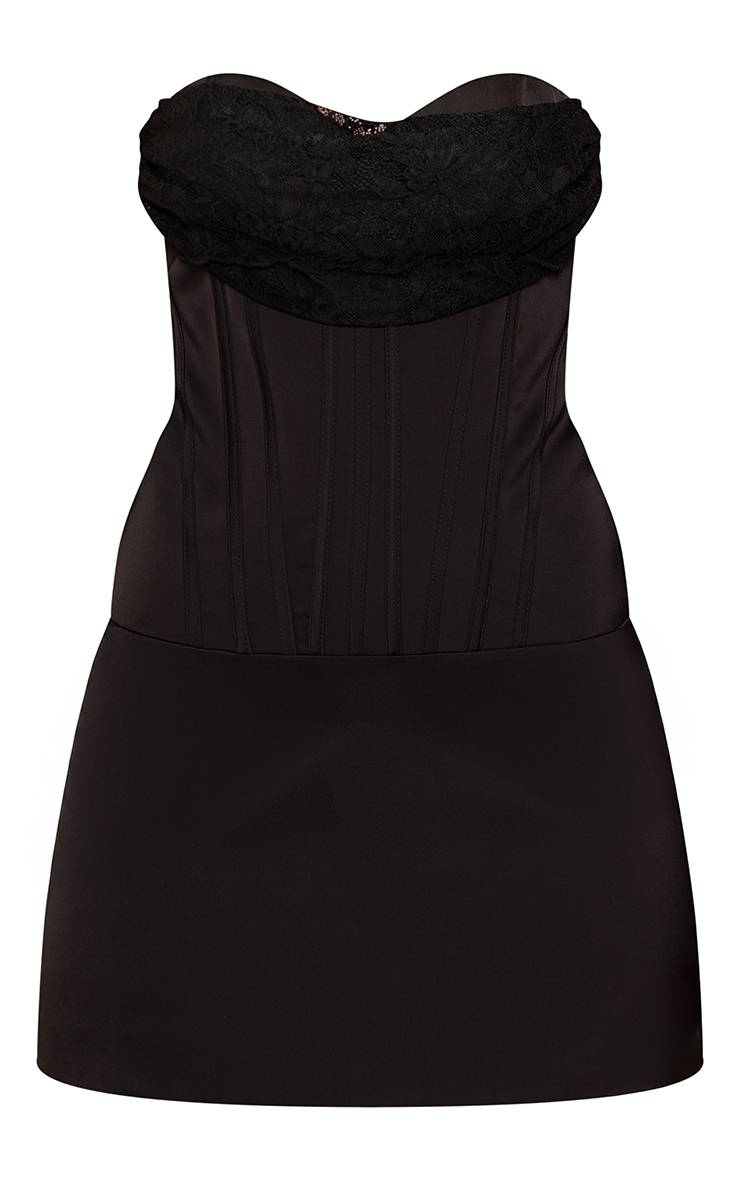 Noir Robe Courte Corset Bustier À Baleines En Satin Avec Dentelle Décolleté Cœur