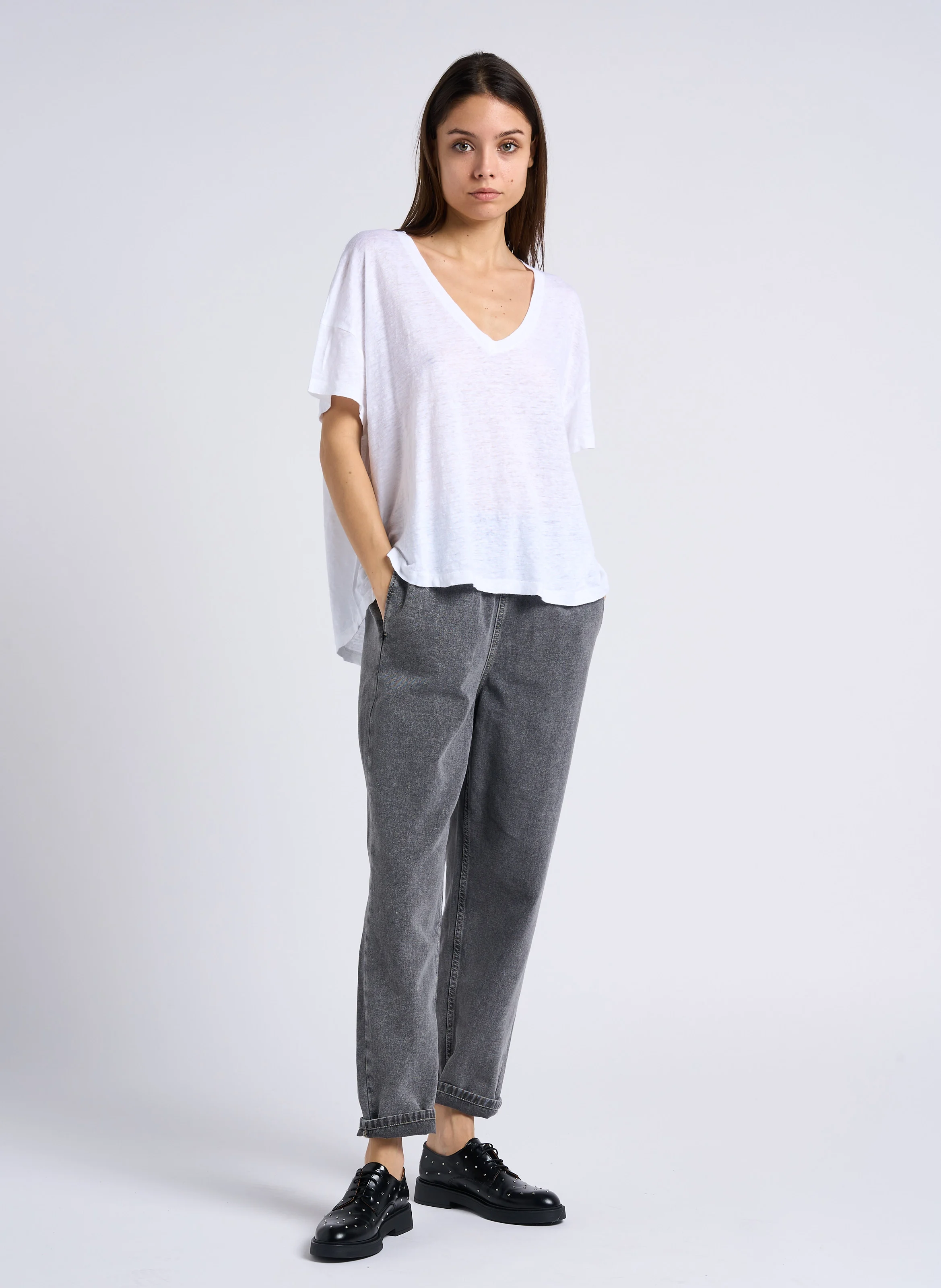 JAZY - Jean droit taille haute en coton | Gris