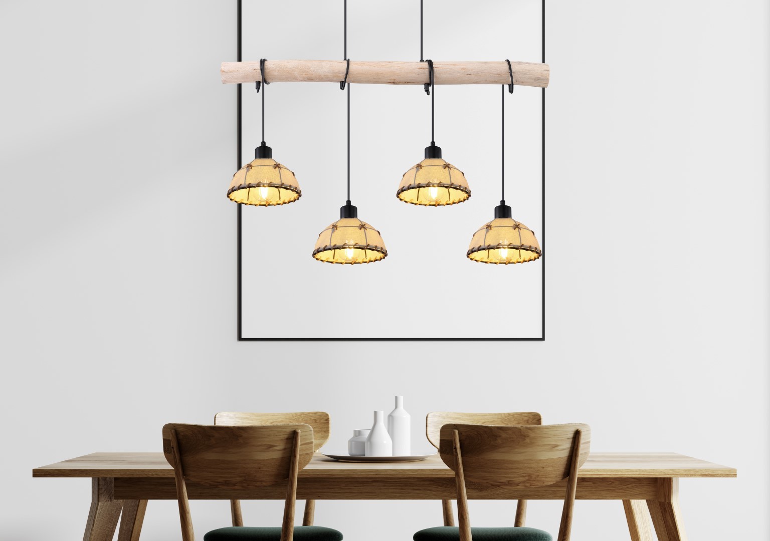Pendelleuchte - schwarz matt-beige - Metall-Holz