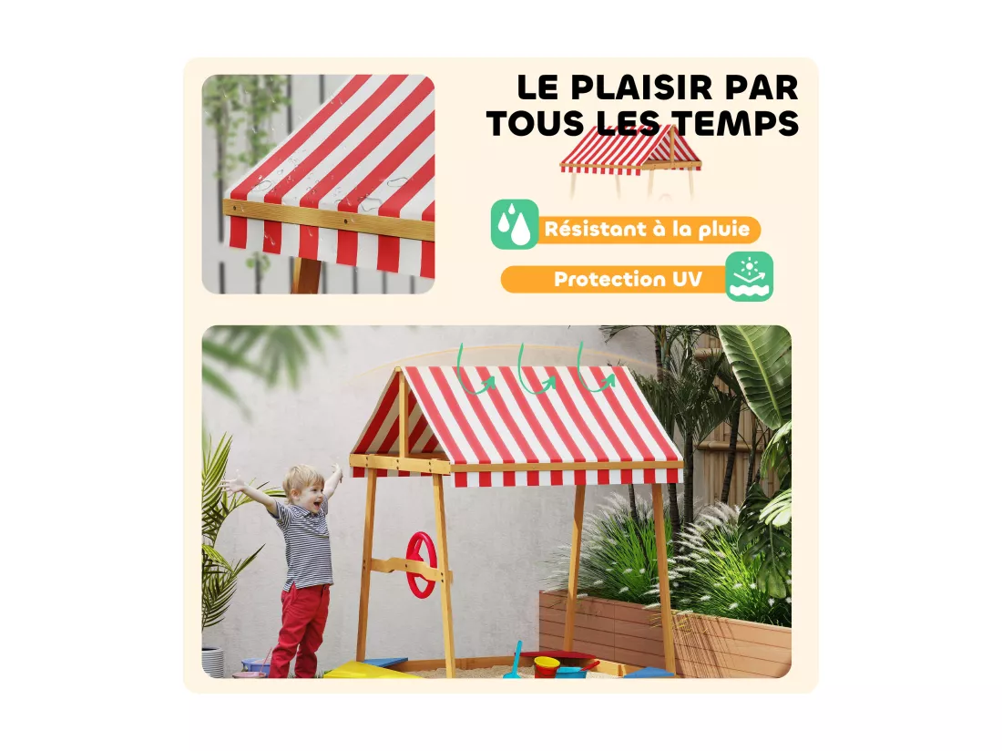 Bac à sable en bois design bateau enfant - sièges, store double pente, gouvernail - bois pré-huilé