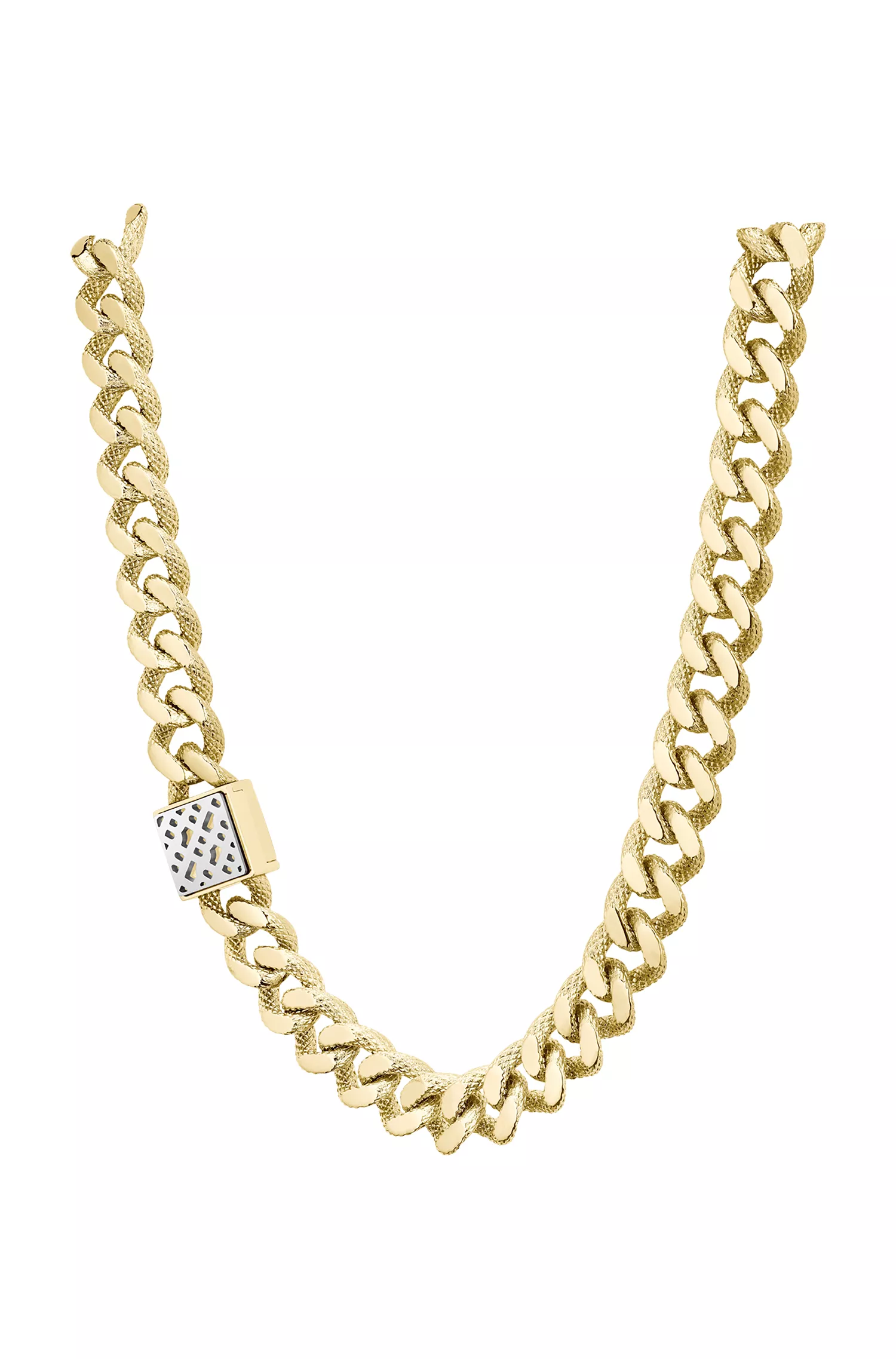 Colar BOSS com corrente curb em preto e amarelo com efeito dourado e monograma quadrado.