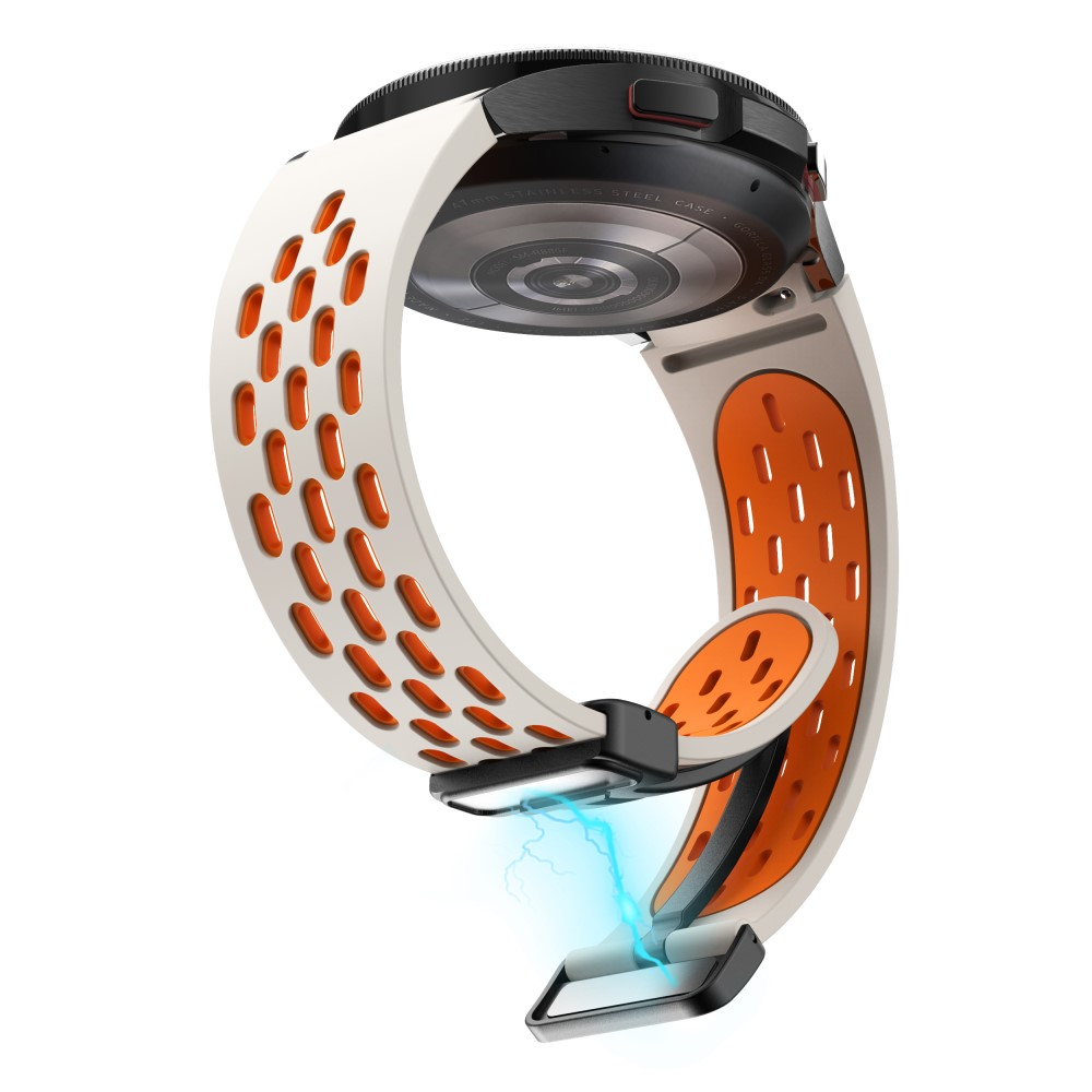 Samsung Galaxy Watch 4 Classic (42mm) Ersatz Sport Dual Color Silikon Armband mit schwarzem Magnetverschluss (Gelenkumfang: 180 - 240mm) - Weiss / Orange