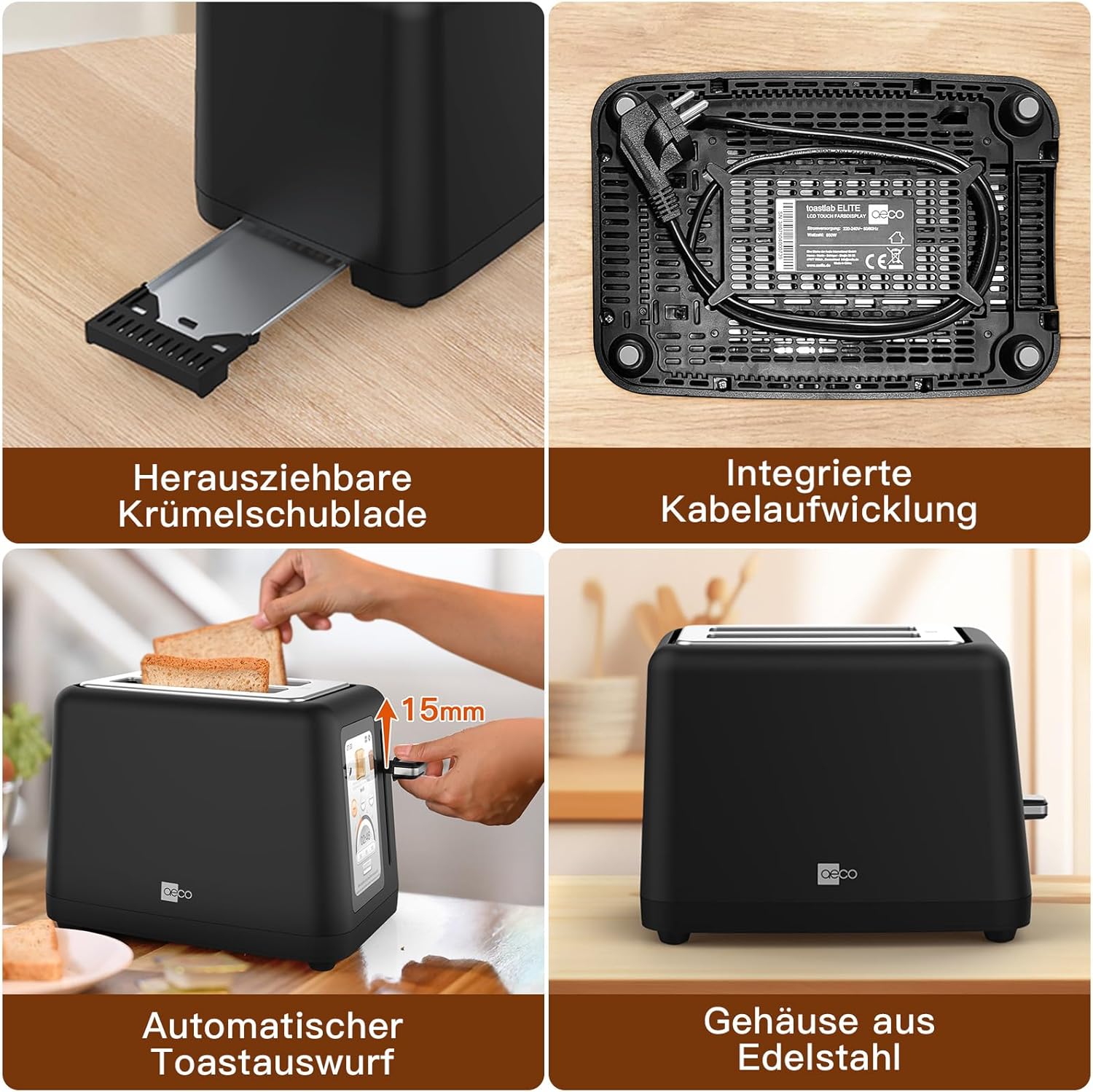 aeco toastlab Elite Toaster 2 Scheiben, Brötchenaufsatz, extra breite Toastschlitze, 6 Bräunungsstufen, 10 Programme, 850W, 5