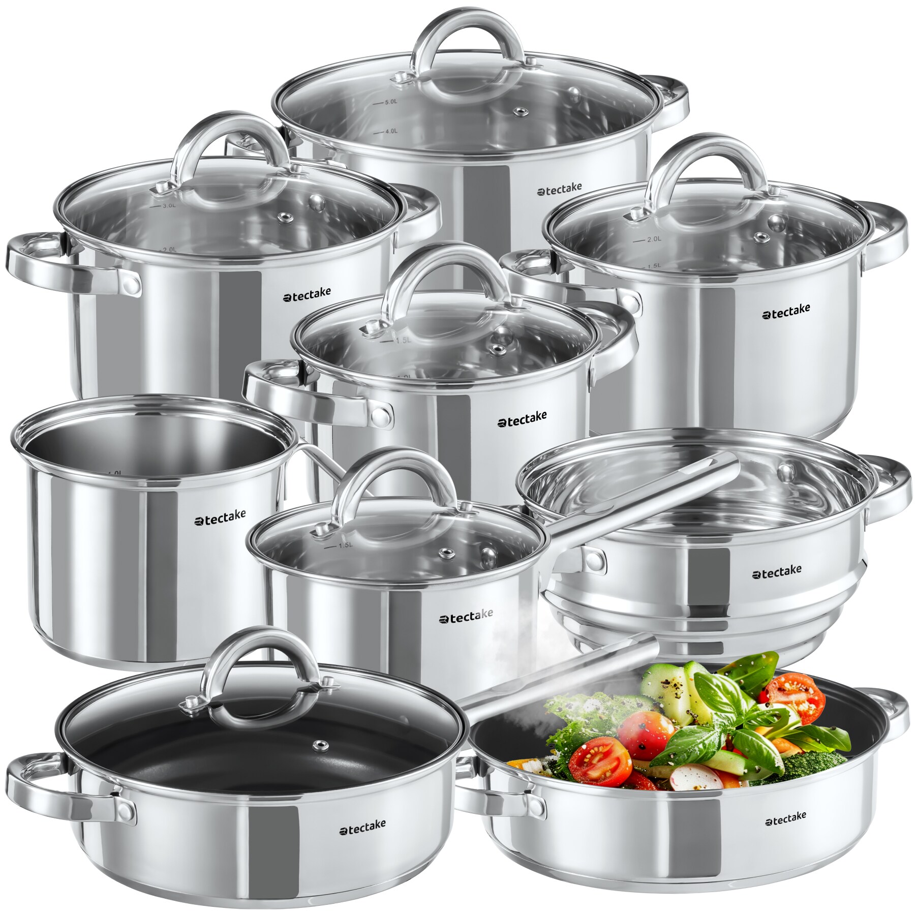 tectake® Kochtopfset, 15-teilig, aus Edelstahl, für Induktion geeignet, Glasdeckel mit Dampfabzug, integrierte Messskala in den Töpfen