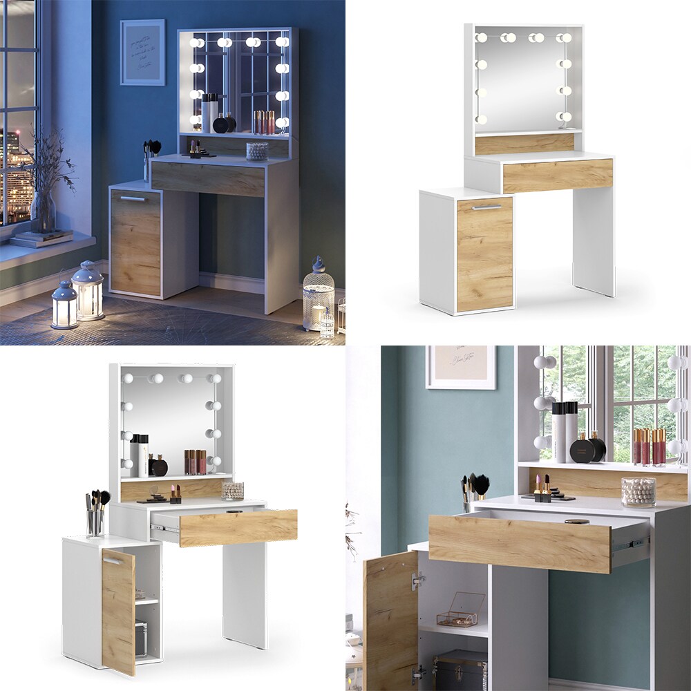 Vicco Schminktisch Altea 95 x 145 cm Weiß Eiche Frisiertisch Spiegel LED-Lampen
