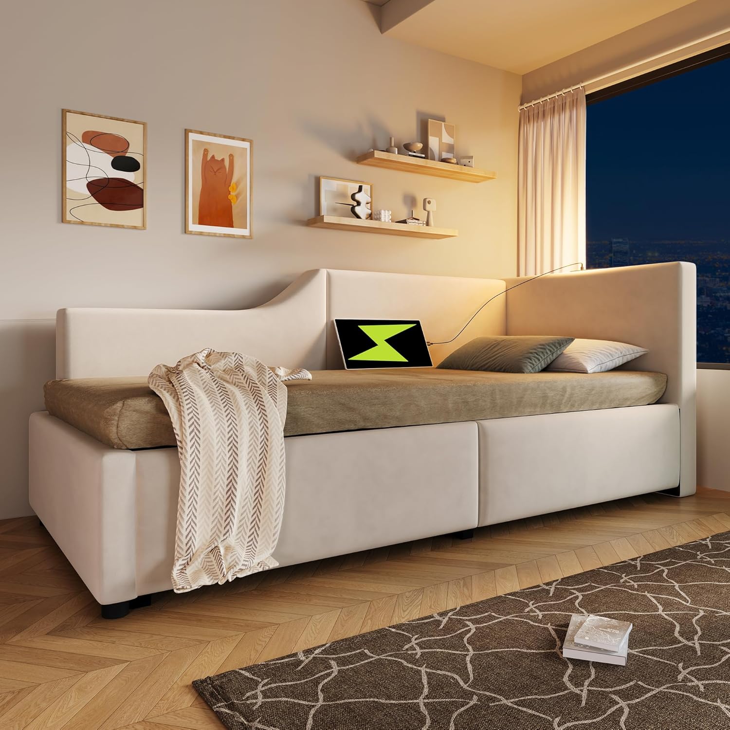 Polsterbett Tagesbett Daybett 90x200cm, Schlafsofa mit hydraulischem Stauraum, Leselichtfunktion und USB-C-Ladefunktion, Jugendbett Bettgestell, Samt (Beige, 90×200cm)