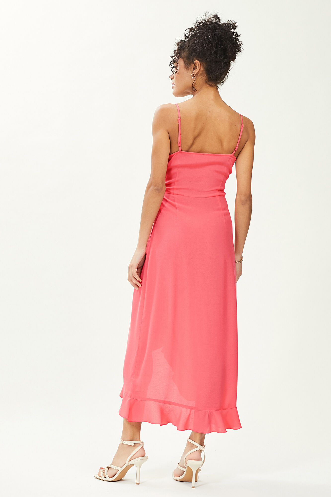 Vestido longo envelope com babados