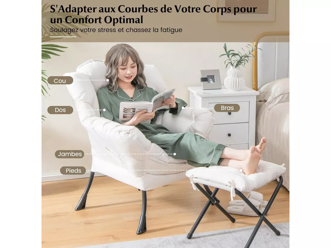 Fauteuil Salon Scandinave avec Repose-Pieds, Fauteuil Relax avec Oreiller et Poche Latérale, Fauteuil Chambre Confortable pour Lecture, Cadre en Métal pour Charger de 150 KG, Beige