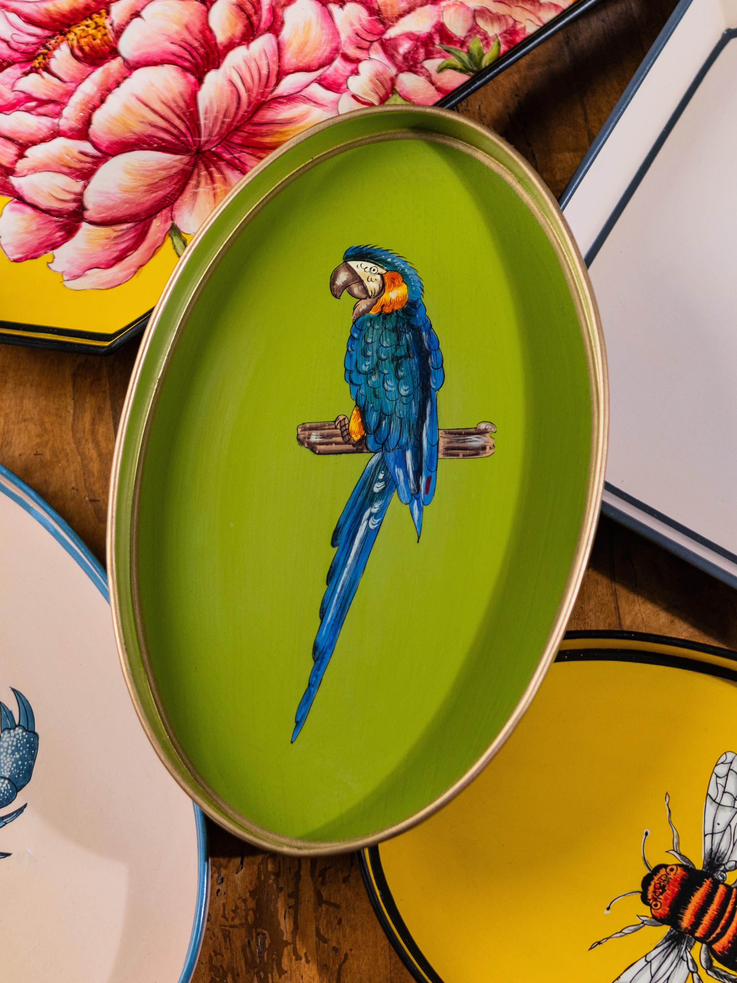 Handbeschilderd decoratief dienblad Fauna met papegaaienmotief