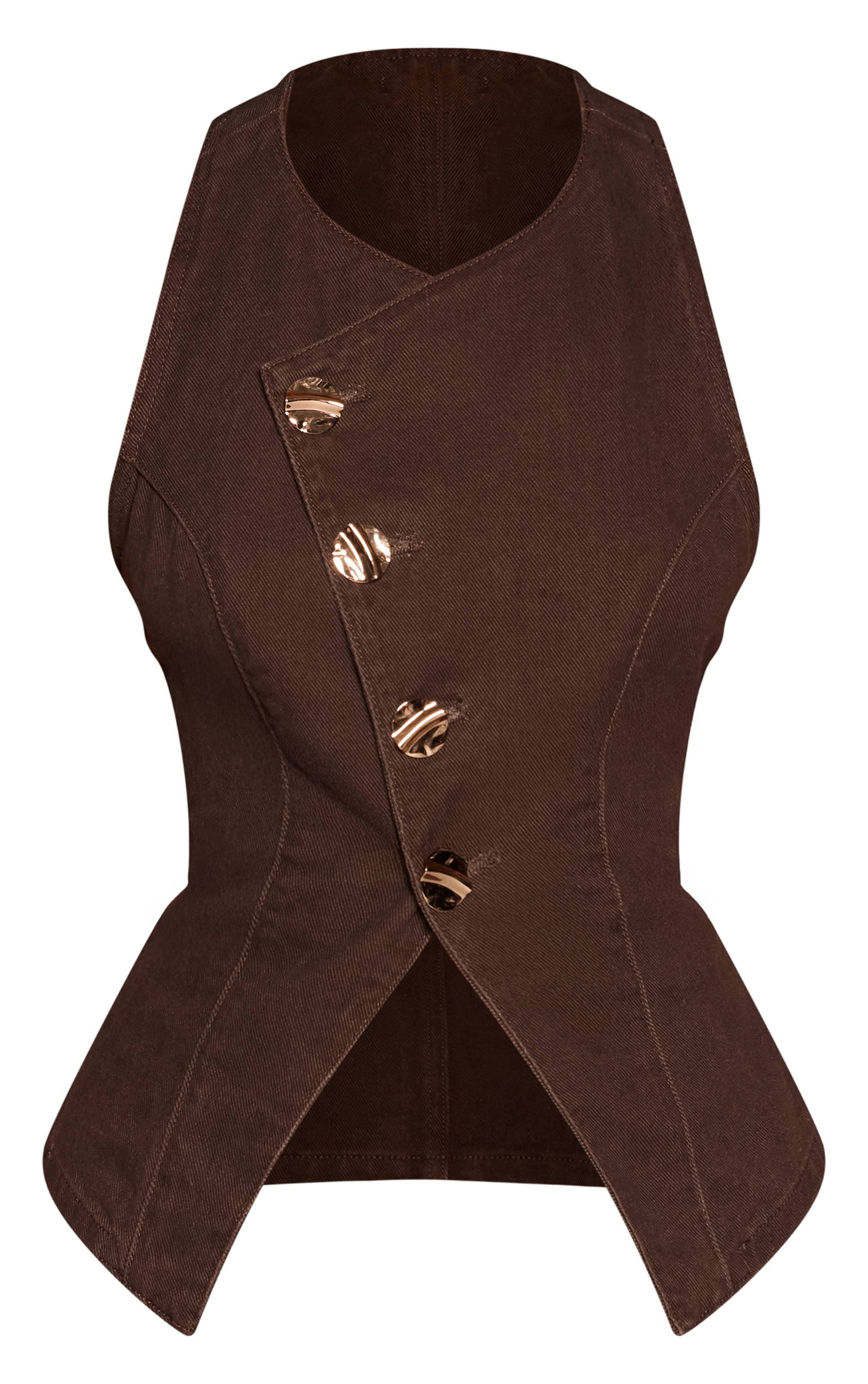 Chocolat Top En Denim À Col Licou Avec Détails De Bordure Petite