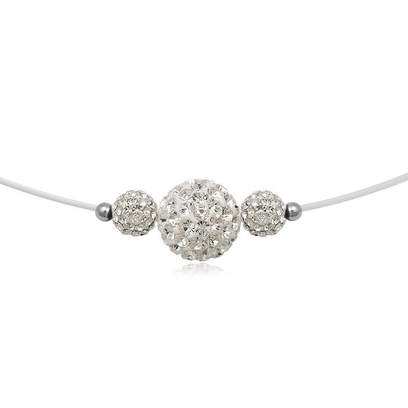 Collier Invisible Nylon 3 Perles en Cristal Blanc et Argent 925