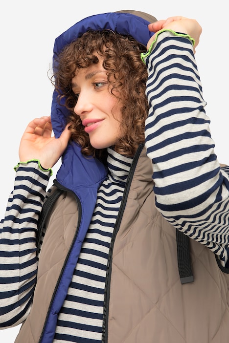 Wende-Weste, lange Form, Stepp, Kapuze, 2-Wege-Zipper