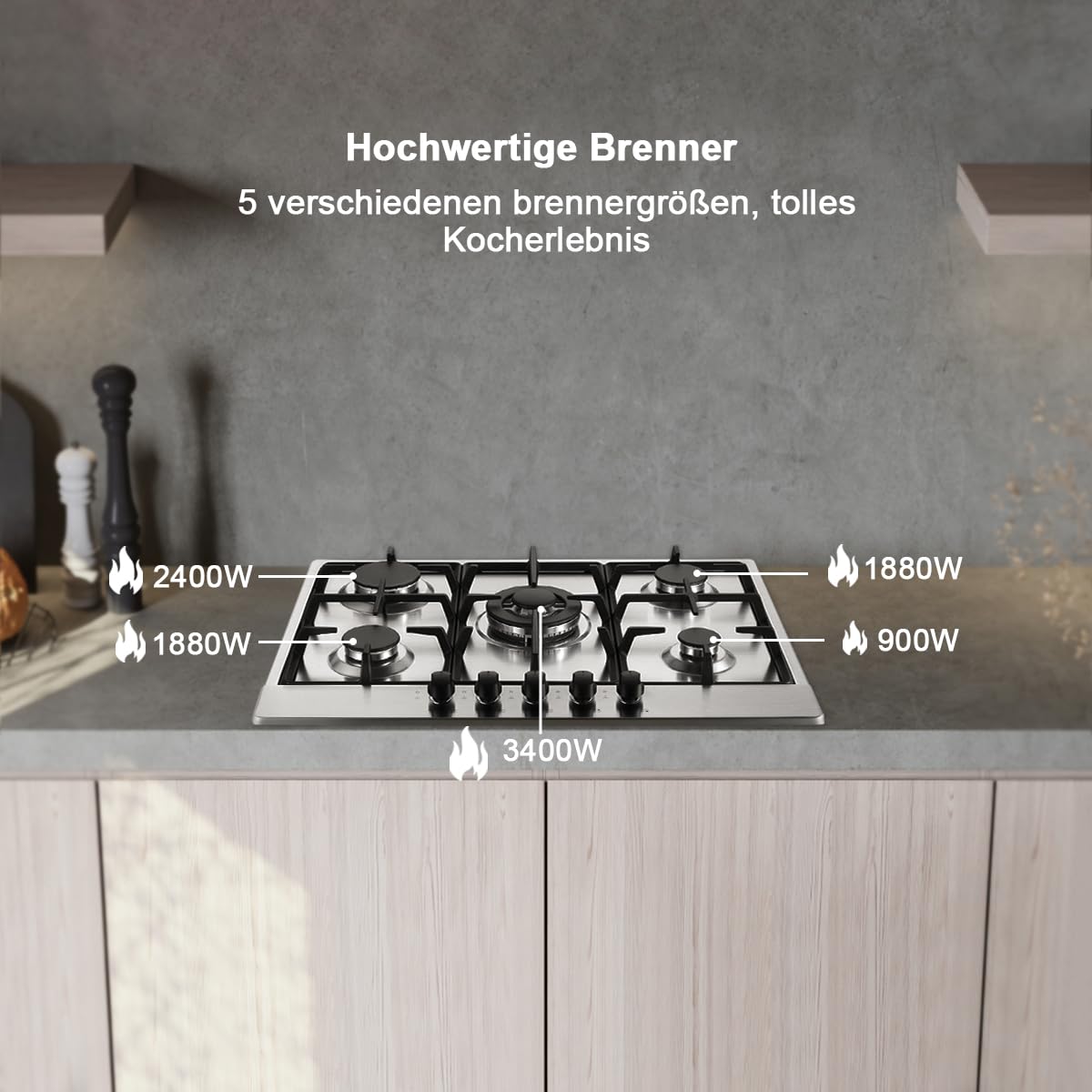 SNDOAS Plaque de Cuisson Gaz 5 Feux, Plaque Gaz avec Panneau en Acier Inoxydable, Sécurité Thermocouple, Convient pour le Gaz Naturel/Propane, 68cm, 1