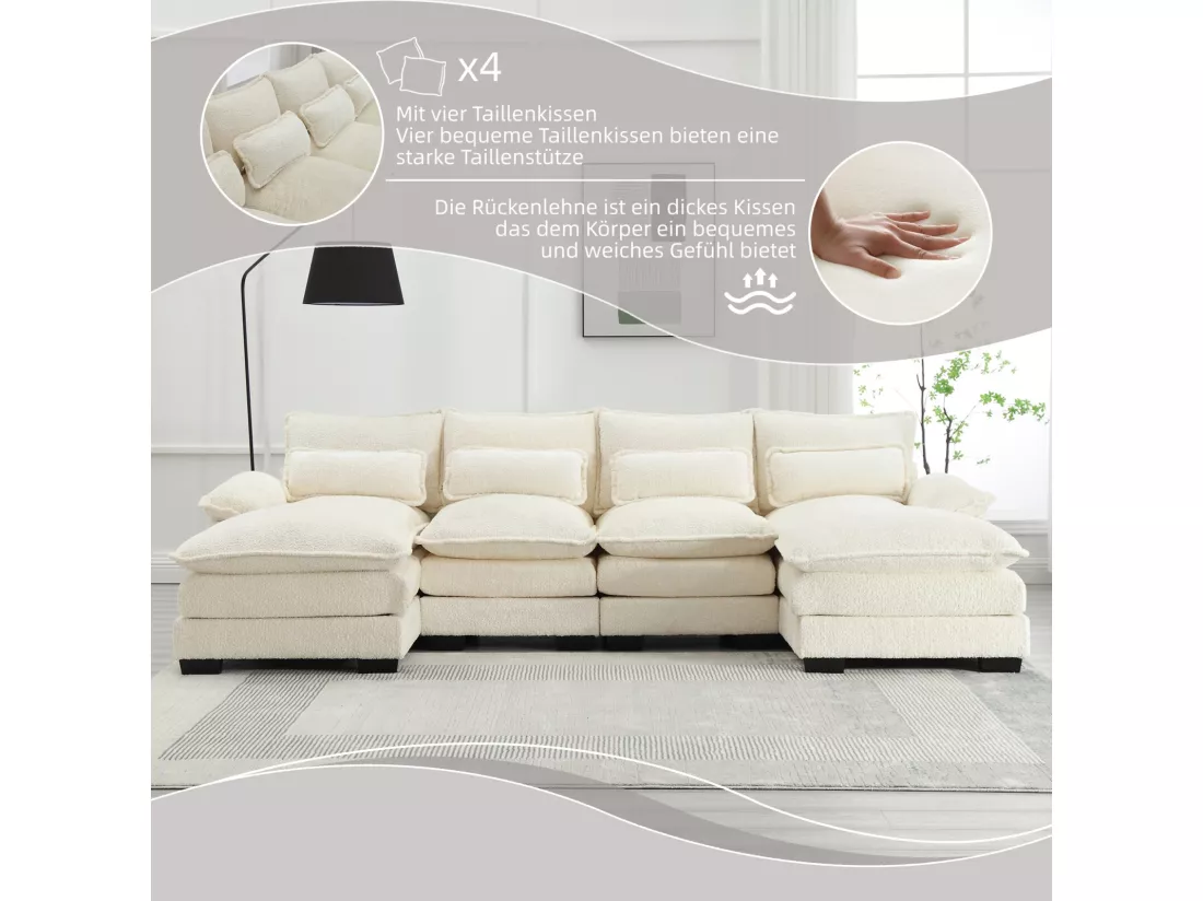 Grand canapé 4 places panoramique, forme de U, avec 4 oreillers lombaires, 261x134x82cm, Beige