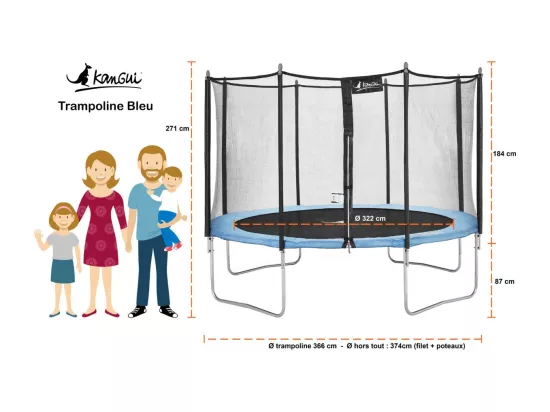 Kangui - Trampoline de jardin 366 cm + filet de sécurité | Normes EU | Montage facile