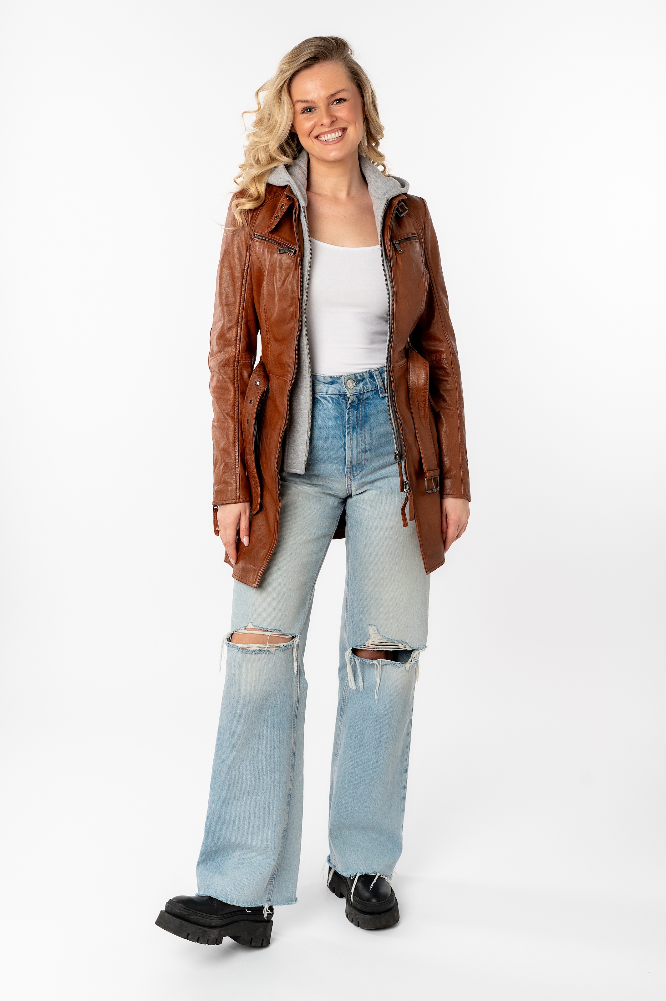 Mauritius Lederjacke »Bente OT 2« mit Kapuze (mit Gürtel) lange Lederjacke mit Gürtel & abnehmbarem Kapuzen-Inlay