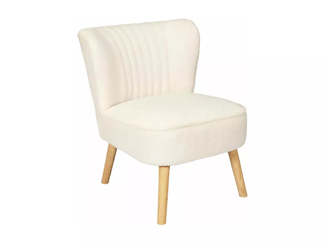 KELIOS - Fauteuil en Tissu Bouclettes Blanc Pieds Bois Naturel