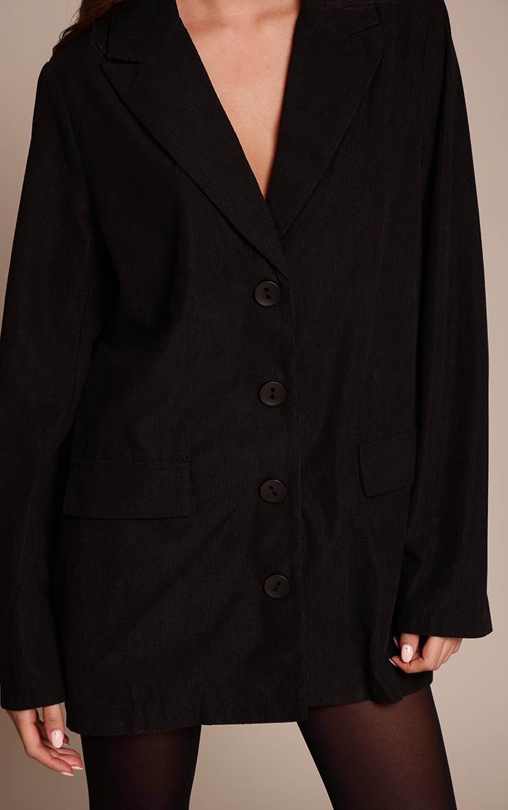 Noir Robe Blazer Tissée À Manches Longues Boutonnée