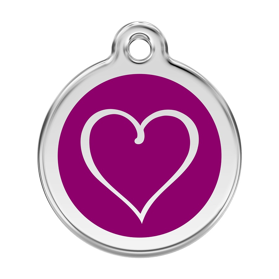 Placa de identificação para cães em aço inoxidável esmaltado com desenho tribal de coração roxo