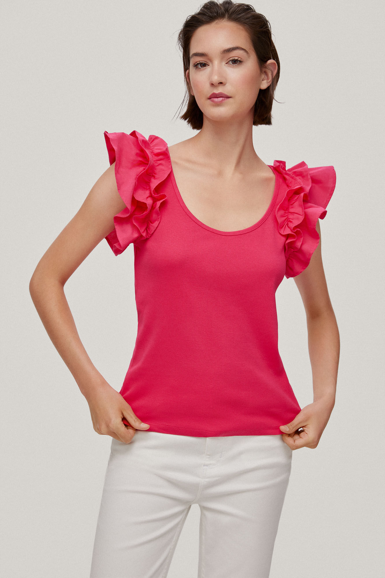 Camiseta com alças franzidas - Rosa