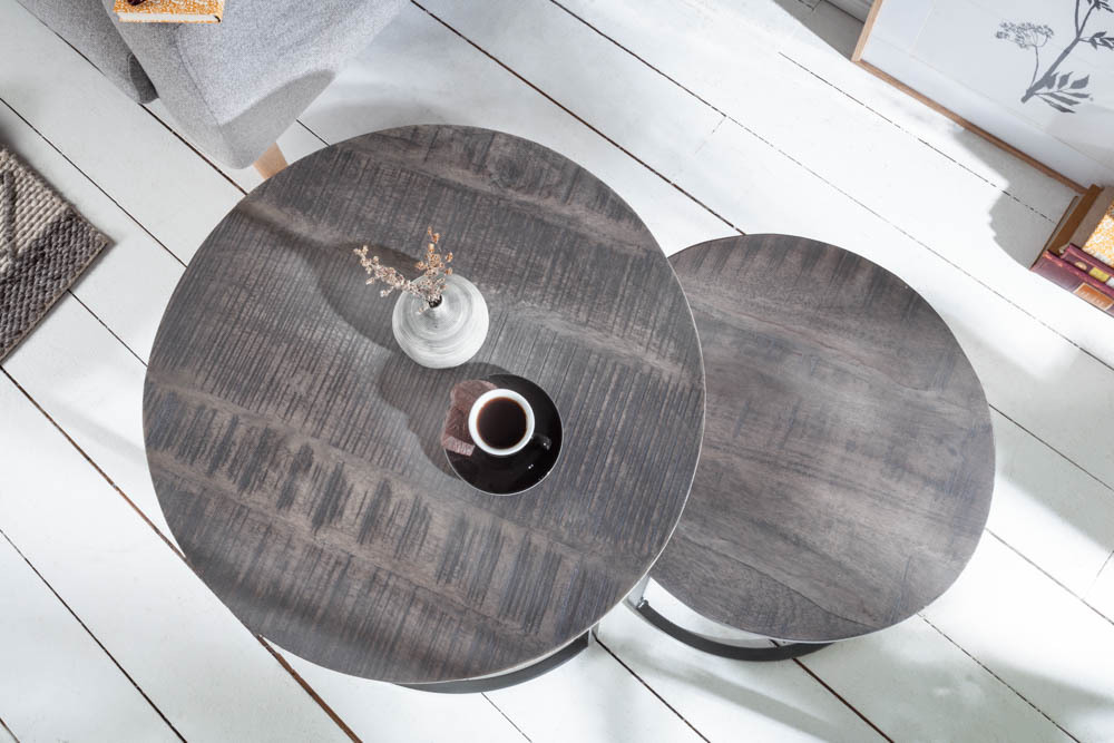 Industrial 2er Set Beistelltische ELEMENTS 60cm grau Mangoholz massiv rund schwarz Metall