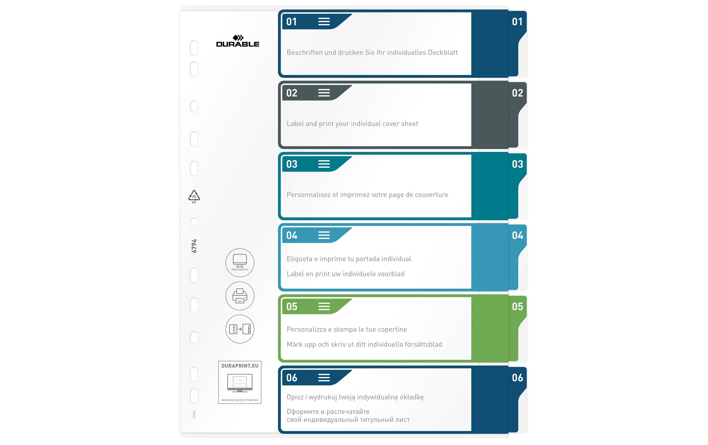 Register A4+, 1-6, 5-farbigA4-Register mit bedruckbarem Deckblatt und Taben