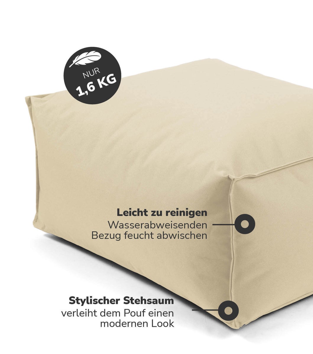 mokebo Buitenpoef of Kruk in Beige met Waterafstotende Beschermhoes 'The Calm One', Voetenbank met EPS-korrelvulling en Hoes