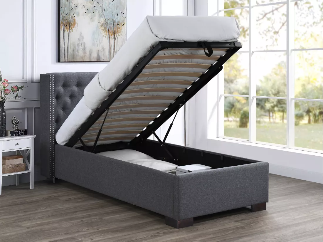 Lit coffre 90 x 200 cm avec tête de lit capitonnée - Tissu - Gris + Matelas - MASSIMO