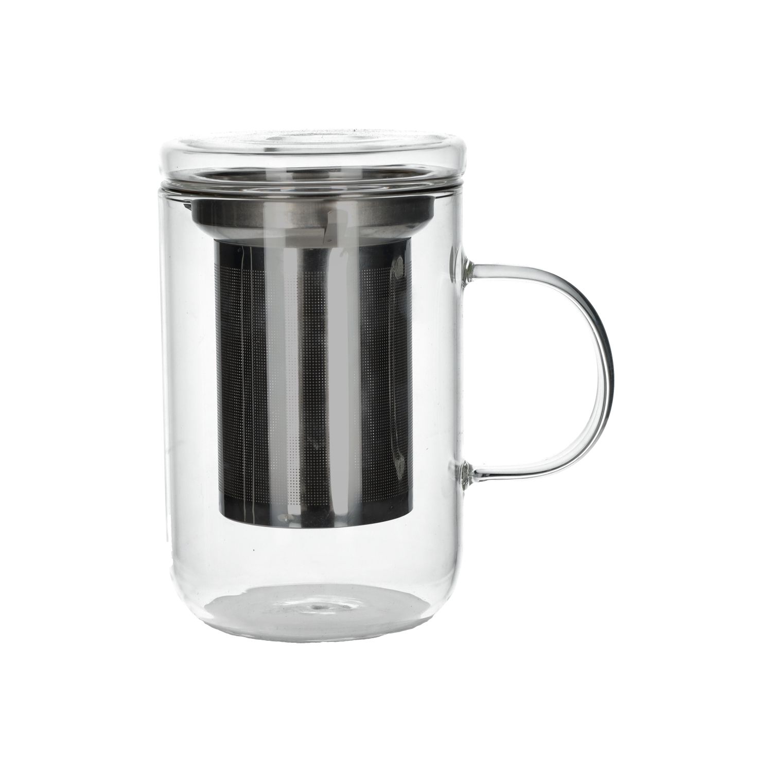 Theeglas met filter en deksel/uitlekschaaltje, hittebestendig glas en rvs, 550 ml