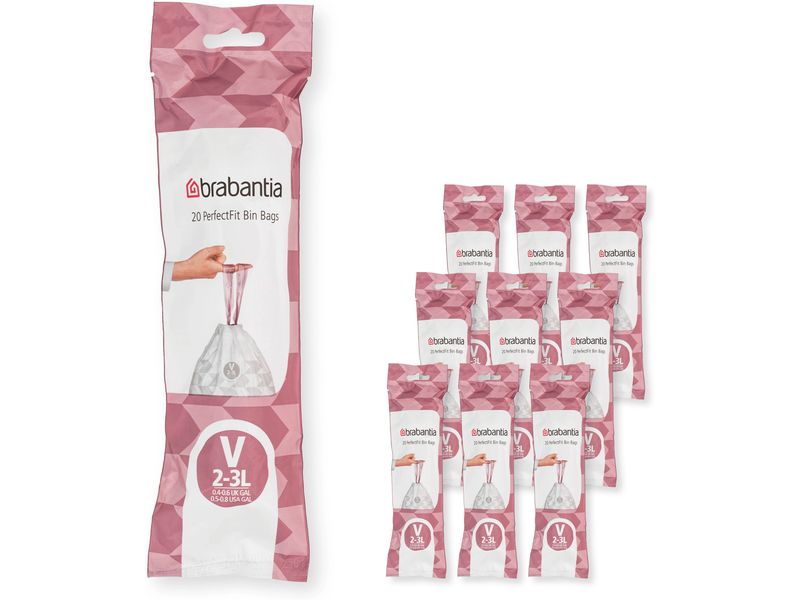 Brabantia Kehrichtsack PerfectFit V 2-3 l, 200 Stück Müllbeutel, Multipack à 10 Rollen