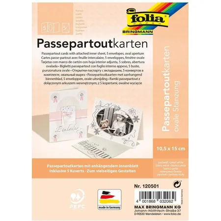 Folia Passepartout perlweiß, oval, 220g, 10,5 x 15 cm, 5 Karten