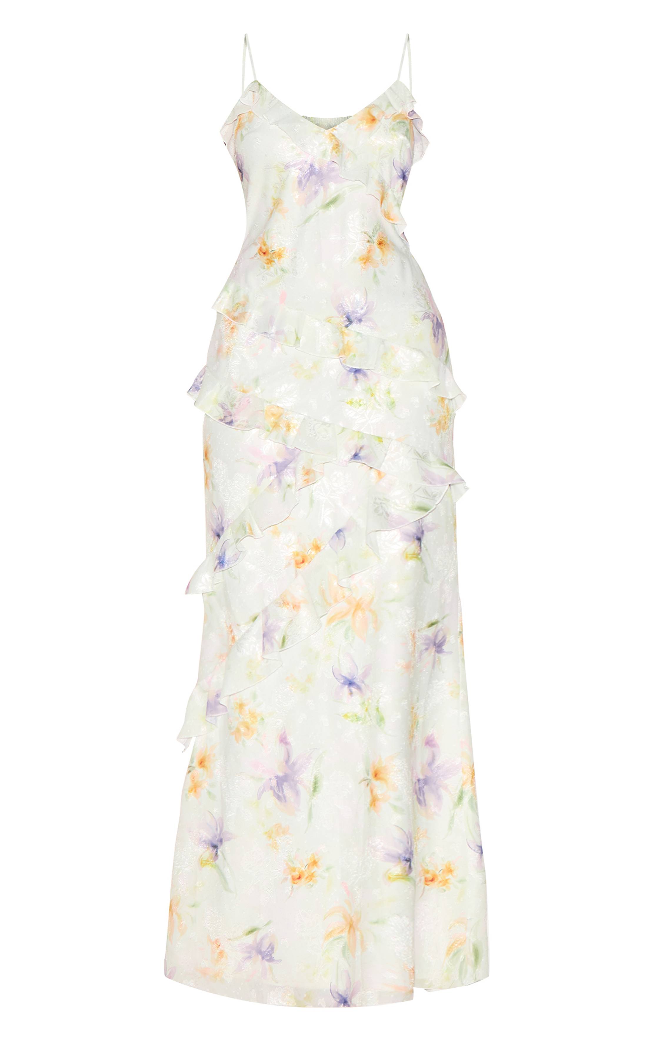 Multicolore Robe Longue À Volants Brodés De Fleurs