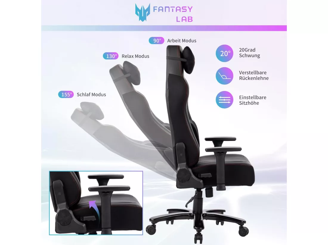 Chaise de jeu avec fonction de massage Chaise de jeu de course avec support lombaire massant Fauteuil de jeu Capacité de charge de 180 kg Grand coussin 55 * 52 cm Accoudoir réglable 3D