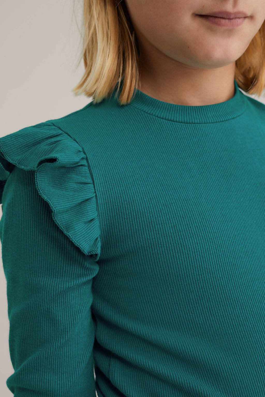 WE Fashion longsleeve donkergroen rib gebreid