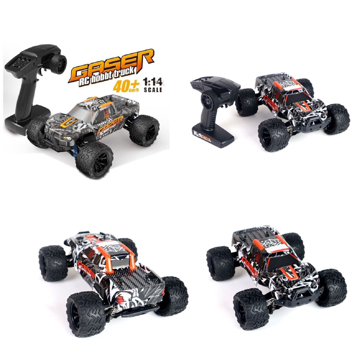 ES-Toys RC Elektro Monster Truck Gaser 900 1:14, bis 40 km/h schnell, Allrad schwarz/orange