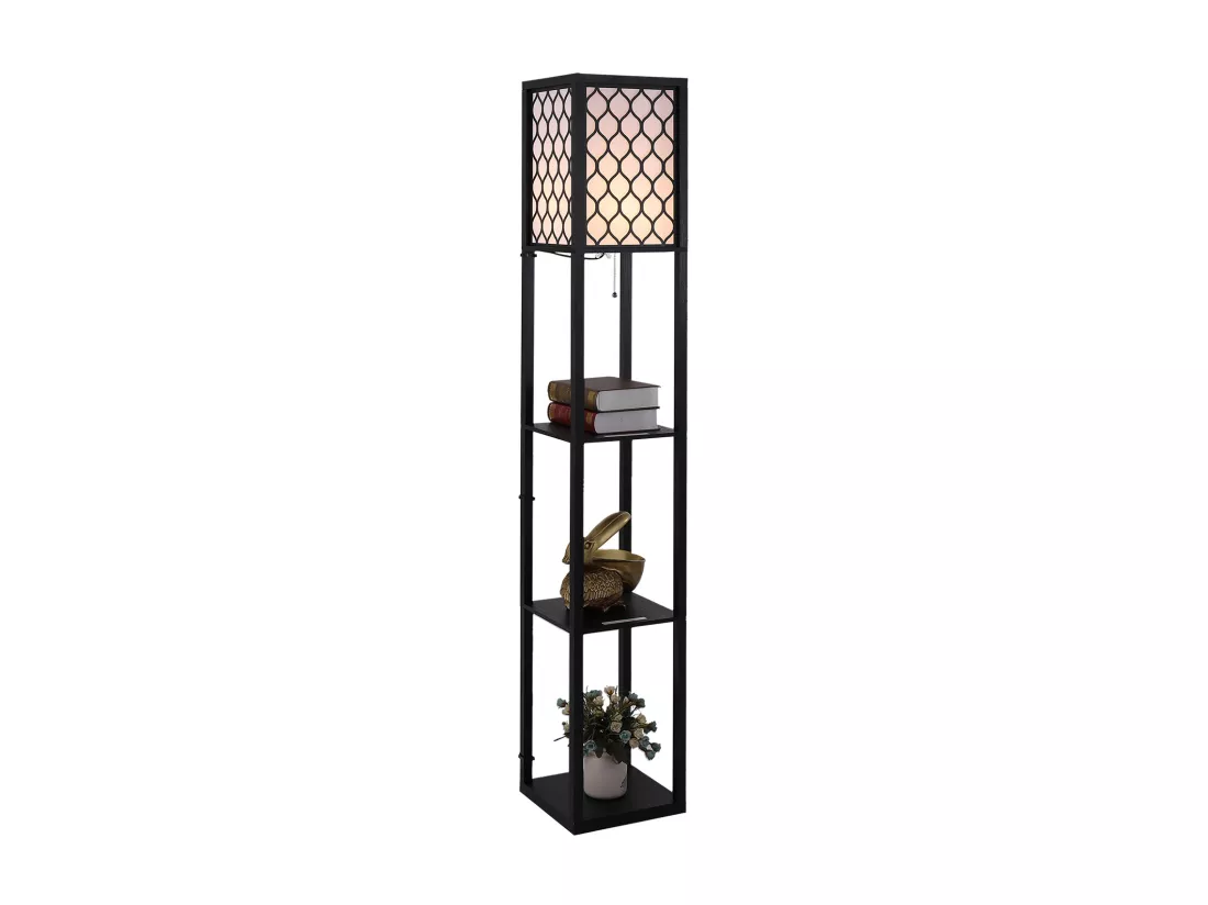 Lampadaire étagère lampe étagère 26L x 26l x 160H cm 3 étagères 4 niveaux MDF noir motif nid d'abeille
