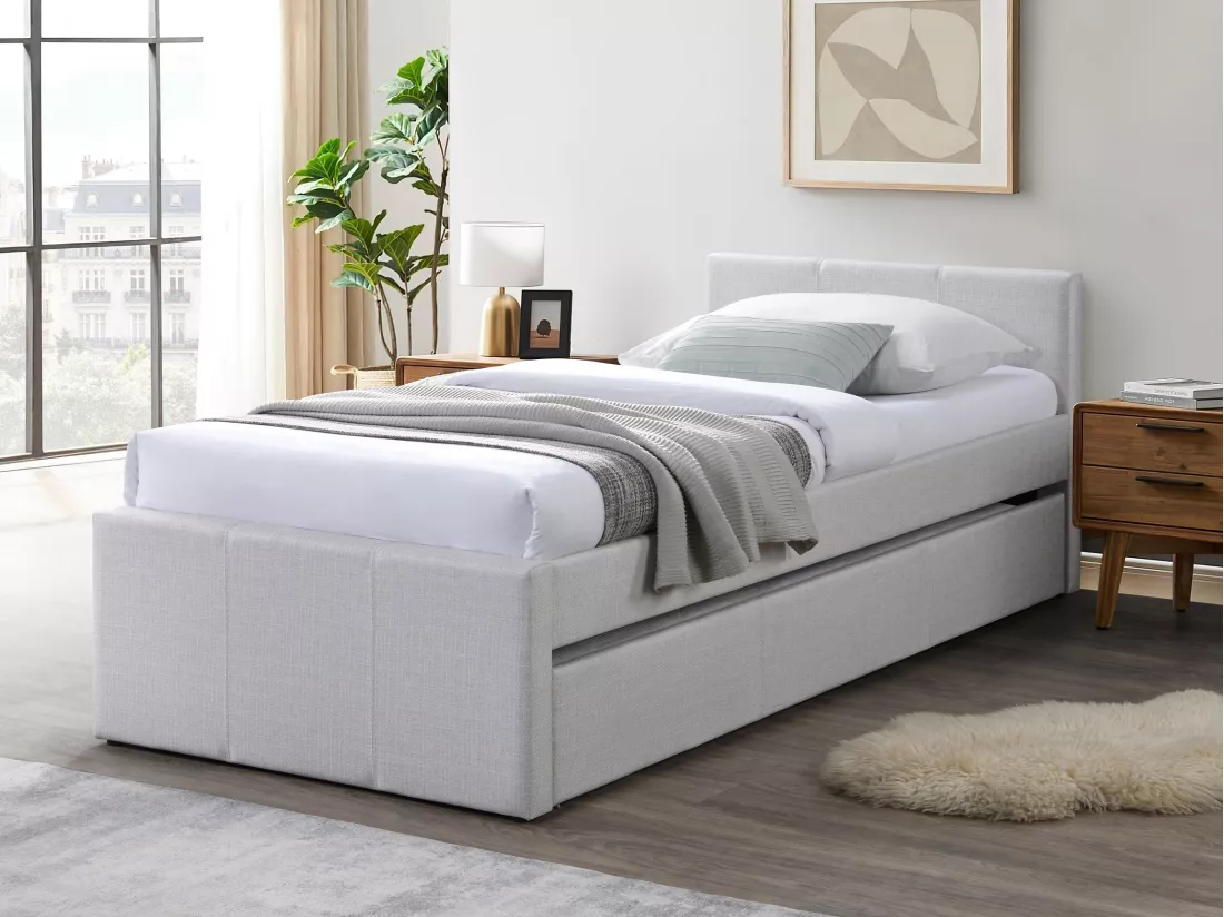 Lit gigogne 90 x 190 cm - Tissu - Beige + Matelas - DORITALO